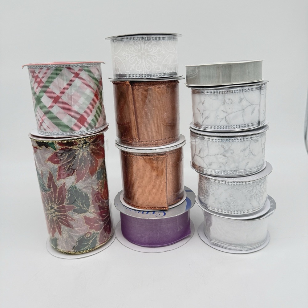 NWT Lot‎ of 11 Ribbon Spools Wire Edge Christmas, Silver, Glitter & Other New
